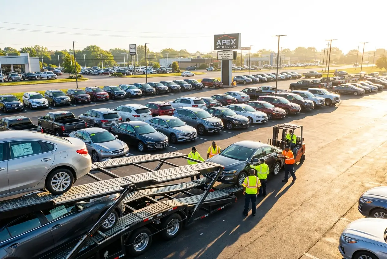 Car dealership staff loading new vehicles onto an open car-hauler trailer