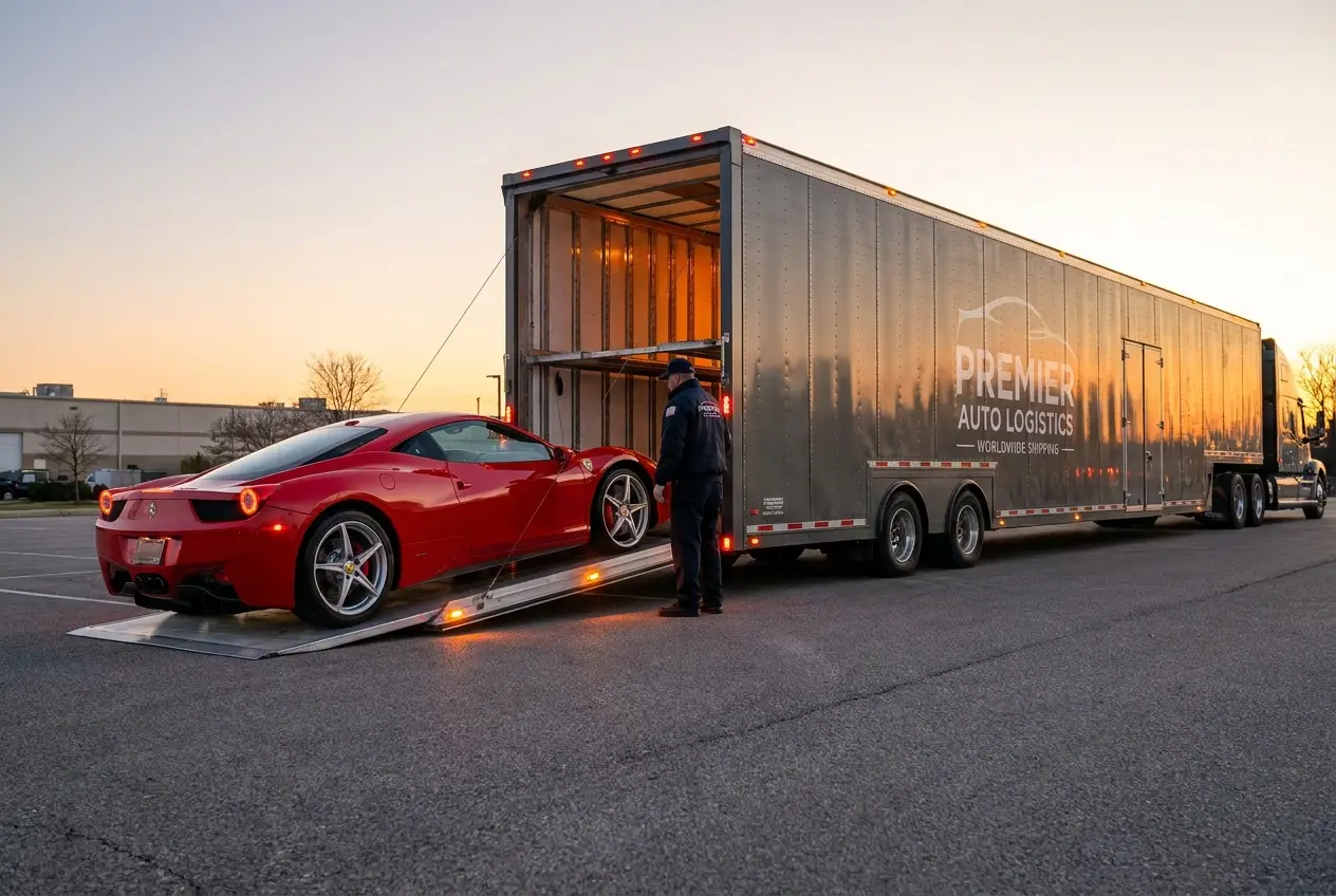 Luxury sports car being loaded into a premium enclosed auto transport trailer