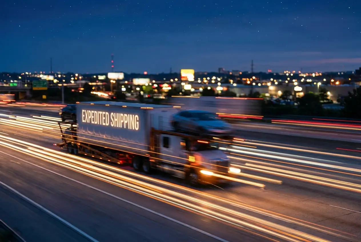 Car hauler driving at night on a highway with warm light trails conveying expedited speed