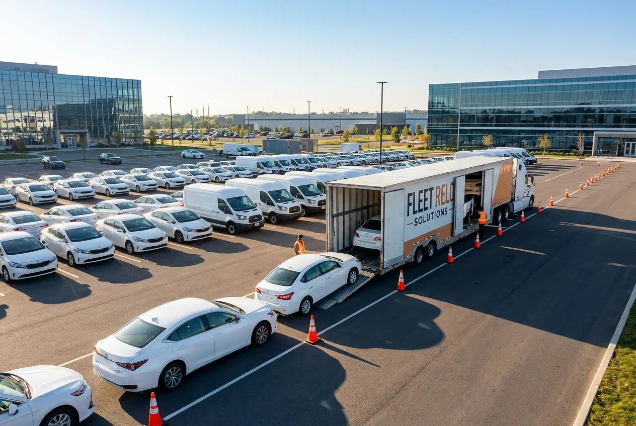 Corporate fleet of sedans and vans staged for relocation at a logistics yard