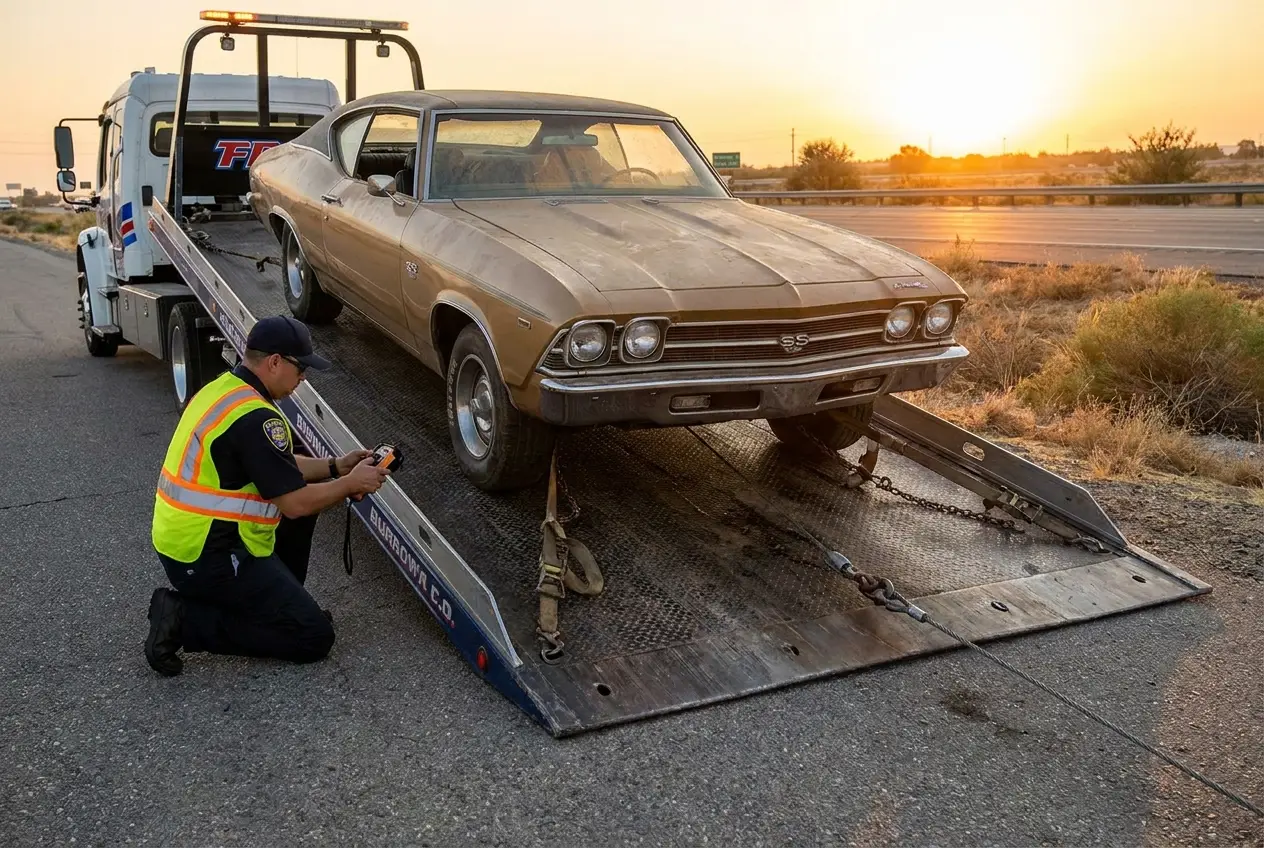 Operator carefully winching a non-running classic car onto a flatbed